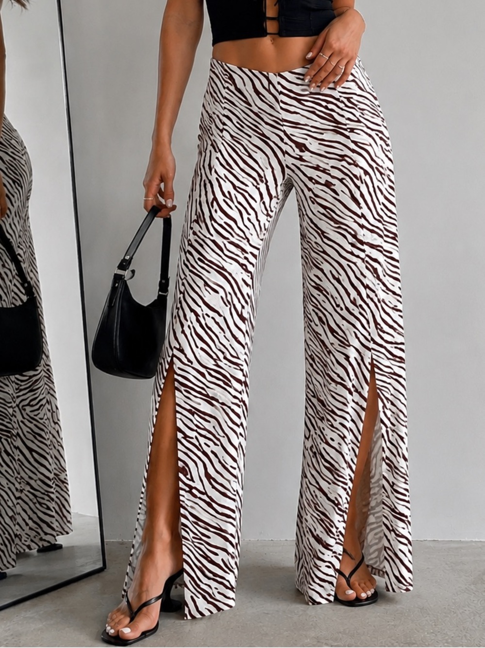 Zebra Print Wide Leg Pants With slit detailing on front - Black & White